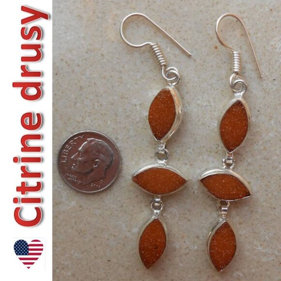 Jewelry - 3" marquise shaped CITRINE drusy / druzy sterling silver earrings SJ926-01